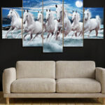 Five Panel Seven White Horses Canvas Wall Art (2x3Ft)