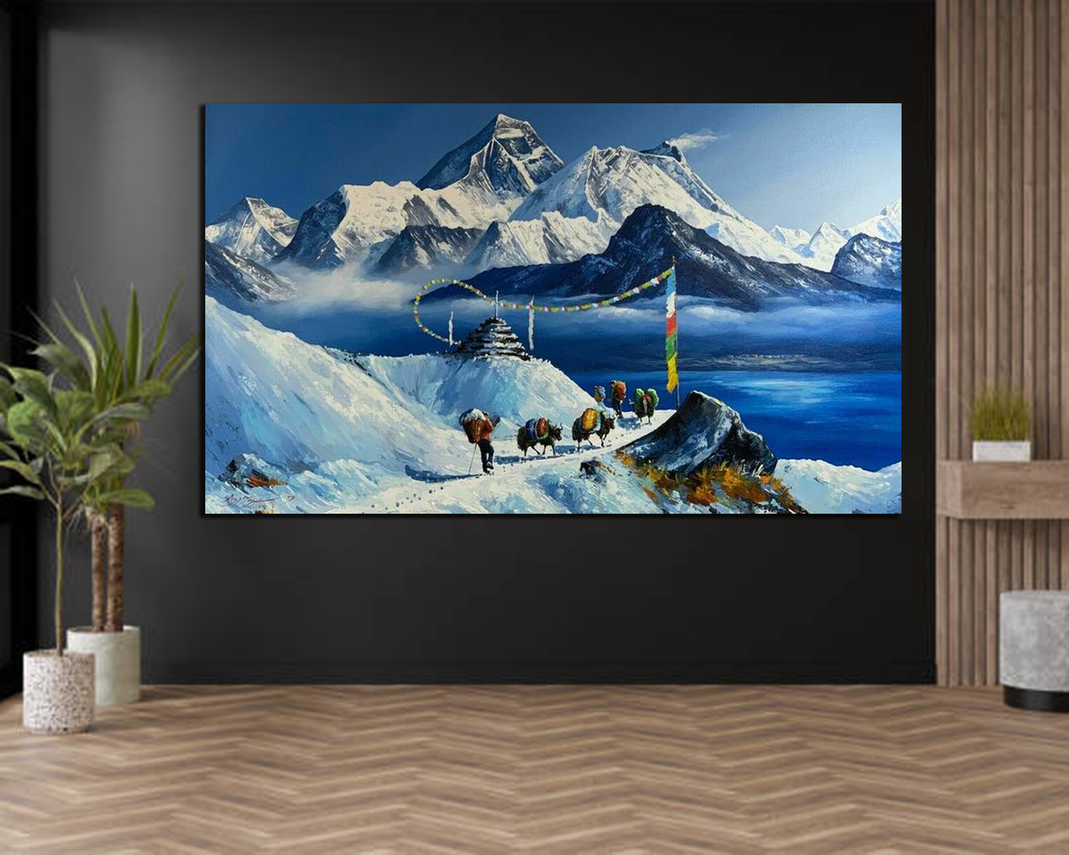 Empty room, black wall and parquet floor. Indoor plants. Mock up interior. Free, copy space for your furniture, picture and other objects. 3D rendering