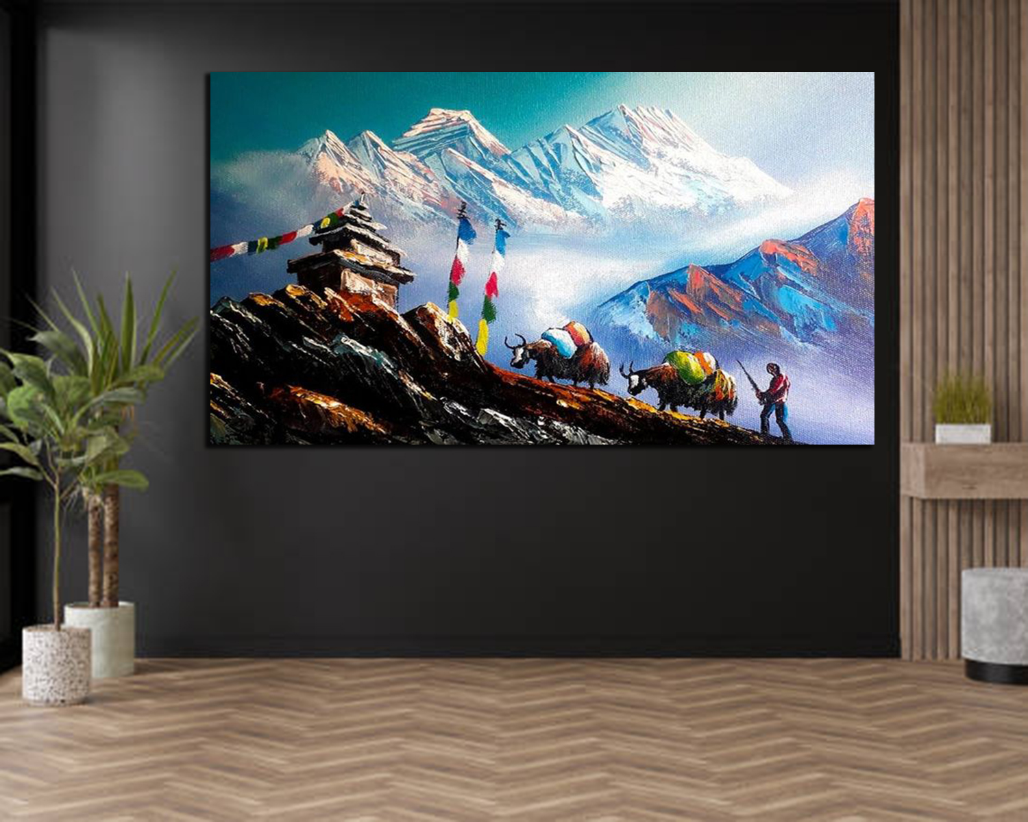 Empty room, black wall and parquet floor. Indoor plants. Mock up interior. Free, copy space for your furniture, picture and other objects. 3D rendering
