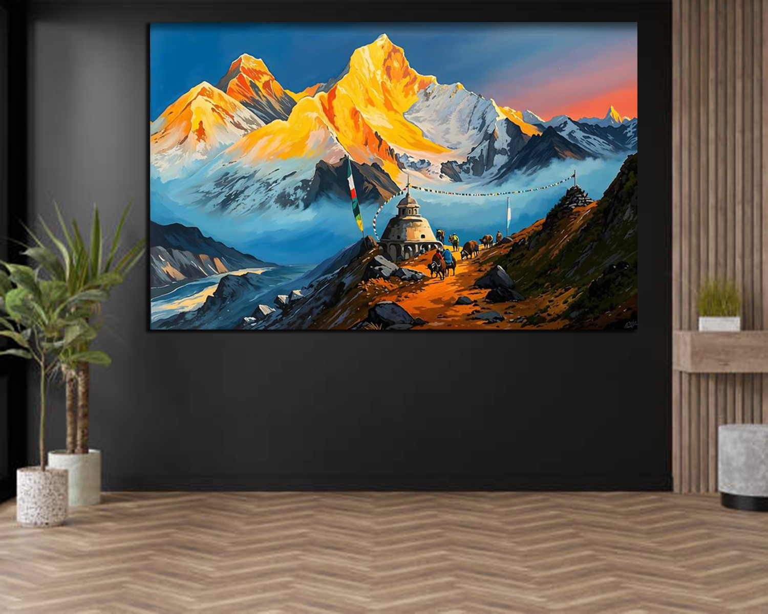 Empty room, black wall and parquet floor. Indoor plants. Mock up interior. Free, copy space for your furniture, picture and other objects. 3D rendering